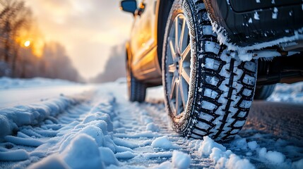 Winter tire with detail of car tires in winter snowy season on the road covered with snow and morning sun light