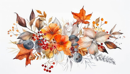 Wall Mural - A watercolor painting of a bouquet of autumn leaves and berries