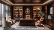 © kura - Elegant executive office with leather furniture and illuminated shelves.