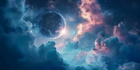 Wall Mural - abstract outer space phone cover design with clouds and planet. concept space theme, abstract design