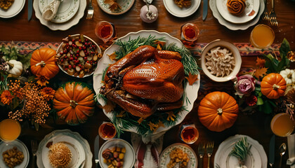 Wall Mural - A large table with a variety of food, including a turkey