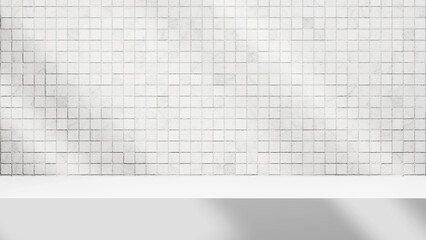 Poster - White luxury bright and soft background with empty white table and white tile wall backdrop, white table illuminated with soft sunlight beams and empty space for text, products or design