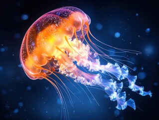 1 jellyfish, swimming in the ocean, glowing body, highdefinition, photography works with ultrahigh definition image quality