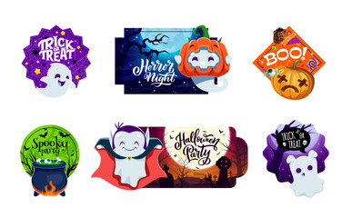 Canvas Print - Halloween holiday stickers with funny kawaii characters, feature adorable cartoon spooky pumpkins, witch cauldron, and cute ghosts. Vector patches set for decorating costumes, or party invitations