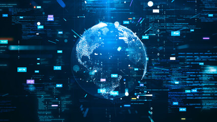 Leinwandbilder - Digital technology concept with Earth surrounded by data streams and abstract binary codes. Global network communication on dark blue background.