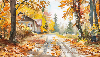 Wall Mural - A painting of a street with houses and trees in autumn