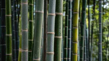 A charming photo of a textured bamboo grove, with sunlight filtering through the leaves..