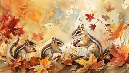 Wall Mural - Two chipmunks are eating acorns in a field of autumn leaves