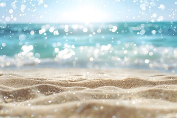 Beautiful summer background with blurred sand and sea, blue sky and bokeh