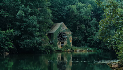 Wall Mural - A small house is on a lake with trees in the background