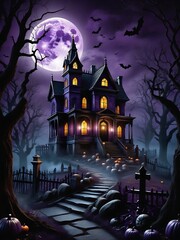 Wall Mural - halloween haunted castle, dead tree, scary graveyard, with full moon and purple sky in the background. suitable for posters, flyers, banners and backgrounds for Halloween party invitation cards.