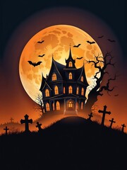 Wall Mural - halloween haunted castle, dead trees, scary graveyard, hills, with full moon and orange sky in the background. suitable for posters, flyers, banners and backgrounds for Halloween party invitation card