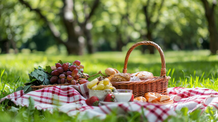 Summer picnic scene with a blanket, basket, and food in a park