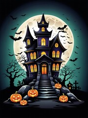 Wall Mural - halloween haunted castle, dead trees, scary graveyard, hills, with full moon and green sky in the background. suitable for posters, flyers, banners and backgrounds for Halloween party invitation cards