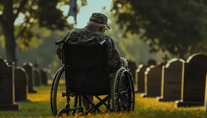 Sticker - A man in a wheelchair is sitting in a cemetery