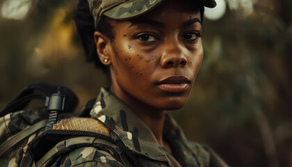 A woman in a military uniform is standing in a forest