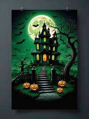 Wall Mural - halloween haunted castle, dead trees, scary graveyard, hills, with full moon and green sky in the background. suitable for posters, flyers, banners and backgrounds for Halloween party invitation cards