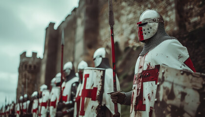 Wall Mural - A group of knights are standing in a line, each holding a sword