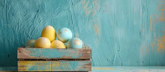 Poster - Easter eggs of blue, yellow, and gold in a wooden box on a blue wall, creating a spring-themed copy space image.