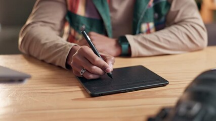 Wall Mural - Hands, graphic designer and drawing tablet for creative work or process, tech for sketch in office. Artist, Illustration pad or pencil on digital interface at desk for job, software for brush control