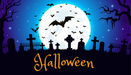 Wall Mural - Halloween cemetery silhouette, vector banner. Night twilight graveyard landscape with black crooked trees, crosses, tombs, and scary flying bats on full moon background. Cartoon spooky greeting card