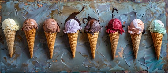 Poster - An assortment of delicious ice cream cones displayed on a textured stone background, a depiction of summer treats with a traditional appeal. Suitable for copy space image.