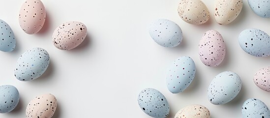 Sticker - Top-down copy space image of pastel-colored Easter eggs on a white backdrop.