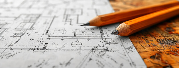 detailed closeup wide horizontal photo of yellow color drawing pencils on a architectural layout plan blueprint drawing on a table 