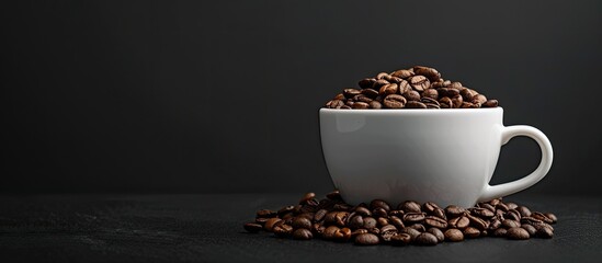 Canvas Print - A white coffee cup filled with roasted beans set against a black background offers ample copy space for your text.