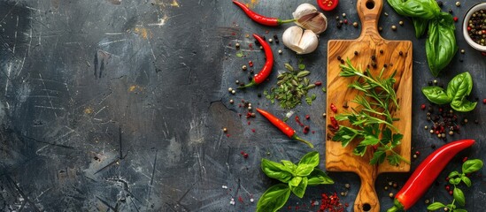 Sticker - A wooden cutting board with spices and herbs is displayed on a stone table. It's a menu mockup with copy space, ideal for banners, showing a top view image.