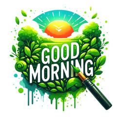 Wall Mural - Good morning text with nature and sunset with transparent PNG background