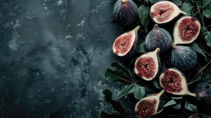 Wall Mural - Fresh figs with bones on dark background low key set up for text placement