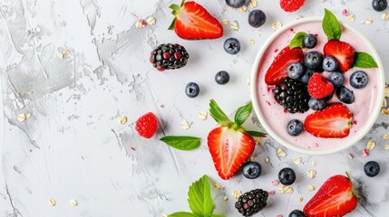 Wall Mural - Healthy breakfast of strawberry yogurt and ripe berries on light background top view