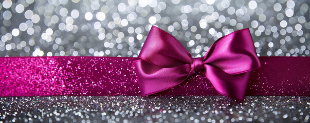 Wall Mural - A vibrant magenta ribbon bow on a silver glitter background. The bold color and sparkling texture create a striking and modern look.