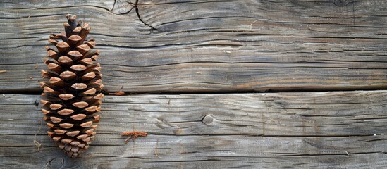 Poster - Gray spruce cone placed on a wooden surface with ample copy space image.