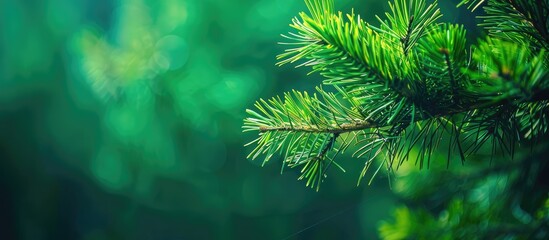 Wall Mural - Close-up of a pine branch with vibrant green needles, featuring selective focus and ample copy space image.