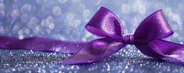 Wall Mural - A vibrant purple ribbon bow on a silver glitter background. The bold color and shimmering texture create a striking and elegant look.