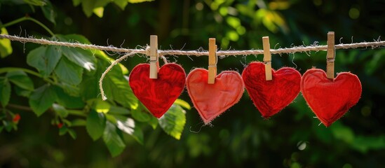 Wall Mural - hearts in red hues hanging gracefully on a clothesline with a background ideal for a copy space imag