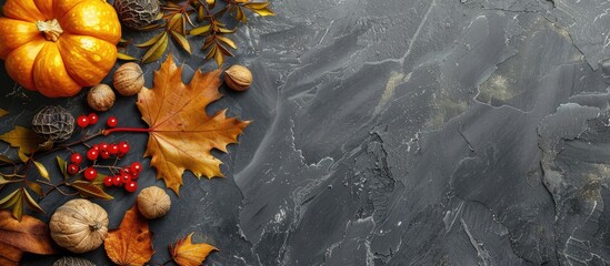 Wall Mural - Autumn-themed backdrop featuring fall maple leaves, pumpkin, nuts, and berries on slate surface. Additional room for text or images.