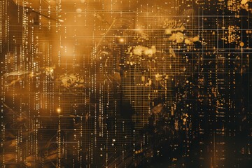 crypto AI matrix data visualization in glowing golden dark brown color palette