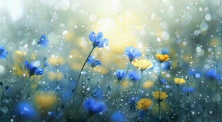 A beautiful blurred background of blue and yellow wildflowers.