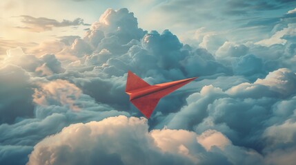 Close-up of a red paper plane cutting through clouds, representing boldness and innovation in achieving goals