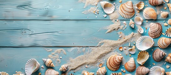 Poster - Seashells creating a border on a blue wooden background with sand, emphasizing the shells with copy space image.