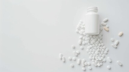 Wall Mural - White medicine bottle with pills on white background for text space