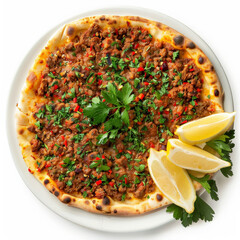 Wall Mural - A plate of Turkish lahmacun, thin flatbread topped with minced meat, vegetables, and spices, garnished with parsley and lemon wedges, isolated on white background.