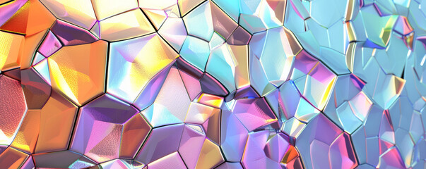 Wall Mural - Abstract iridescent background design, 3d render, with a mosaic of tessellated shapes. The iridescent surfaces create a stunning interplay of light and color, with each piece reflecting different hues
