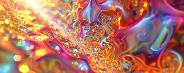 Poster - Abstract iridescent background design, 3d render, showcasing an intricate, fractal design. The iridescent surfaces shimmer with a rainbow of colors, creating a hypnotic and complex visual effect.