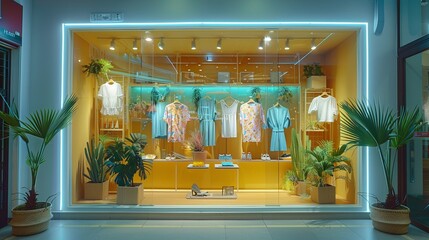 Showcase of a fashion boutique with summer collections of clothes made in eco-style and bright colors