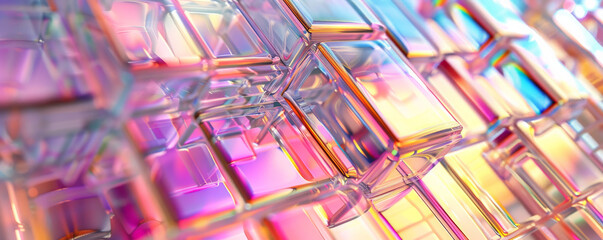 Canvas Print - Abstract iridescent background design, 3d render, showcasing a crystalline, lattice structure. The iridescent surfaces catch the light, creating a stunning interplay of shifting colors and reflections