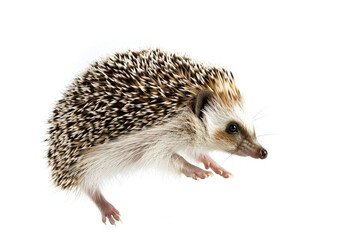 Wall Mural - A hedgehog mid-leap, spines visible, isolated on a white background